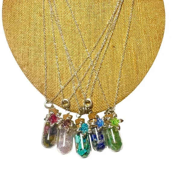 Wishing Bottle with Gemstone Chips and Crystal Center Flower on 925 Chain - Picture 2 of 14